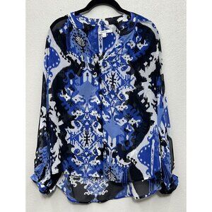 Chico’s Top Blouse Size 1 US 8 Medium Blue Button Sheer Long Sleeve Lightweight